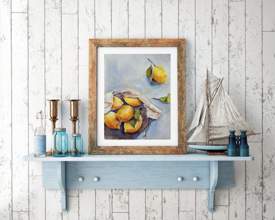 Lemons - original mediterranean yellow and gray watercolor