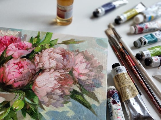 Pink peony painting original canvas art, Flowers art painting, Floral still life