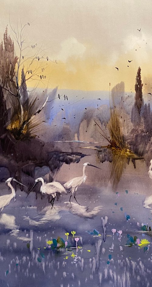 Watercolor Sold “Evening on the lake.White birds” perfect gift by Iulia Carchelan