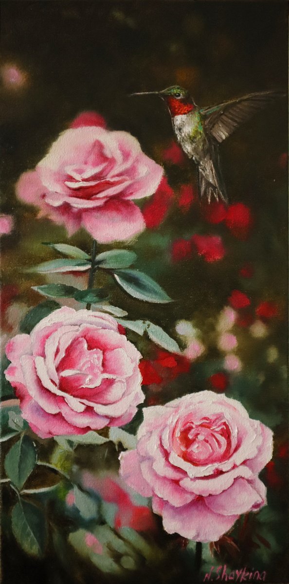 Impressionistic Animal Oil Painting By Natalia Shaykina, 8 X 16", Hummingbird And Pink Roses, Original Artwork