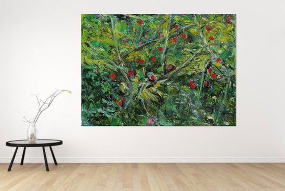 OVERGROWN ROSEHIPS - XXL Large Floral Art - original painting plants trees landscape art green summer nature impressionism art office interior home decore 150x200