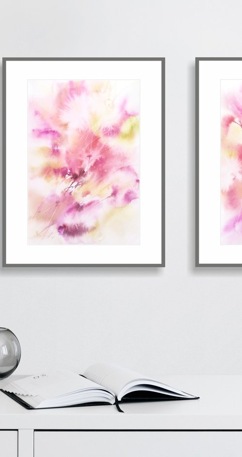 Pink flowers diptych by Olga Grigo