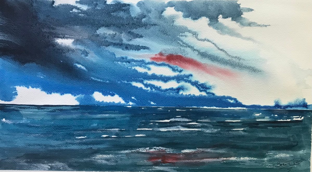 Abstract Landscape Watercolour By Brian Tucker, 19 X 10, Red Sky At Night, Original Artwork