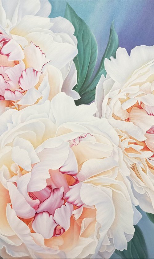 "Summer charm", white peonies painting, floral art by Anna Steshenko