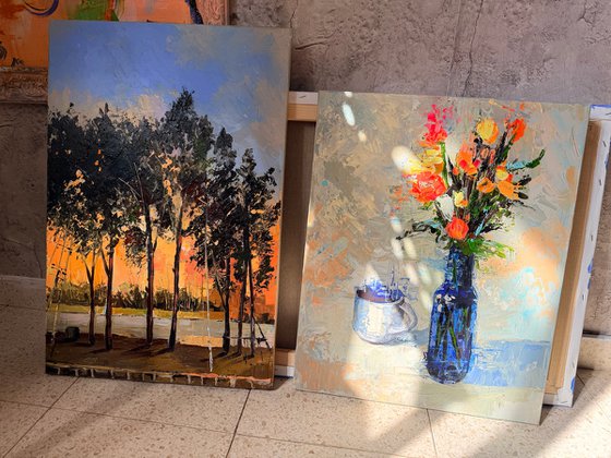 Blue Vessel and Morning Flowers