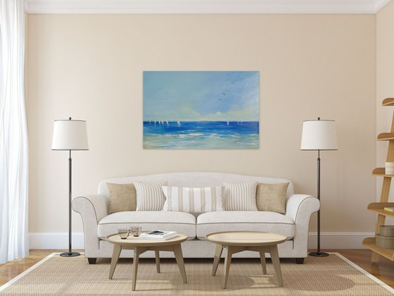 Large Abstract Seascape Painting. Beach, ocean, waves, sky with clouds, sailboats, sailing, yacht.