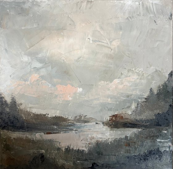 Impressionist lake river sunset