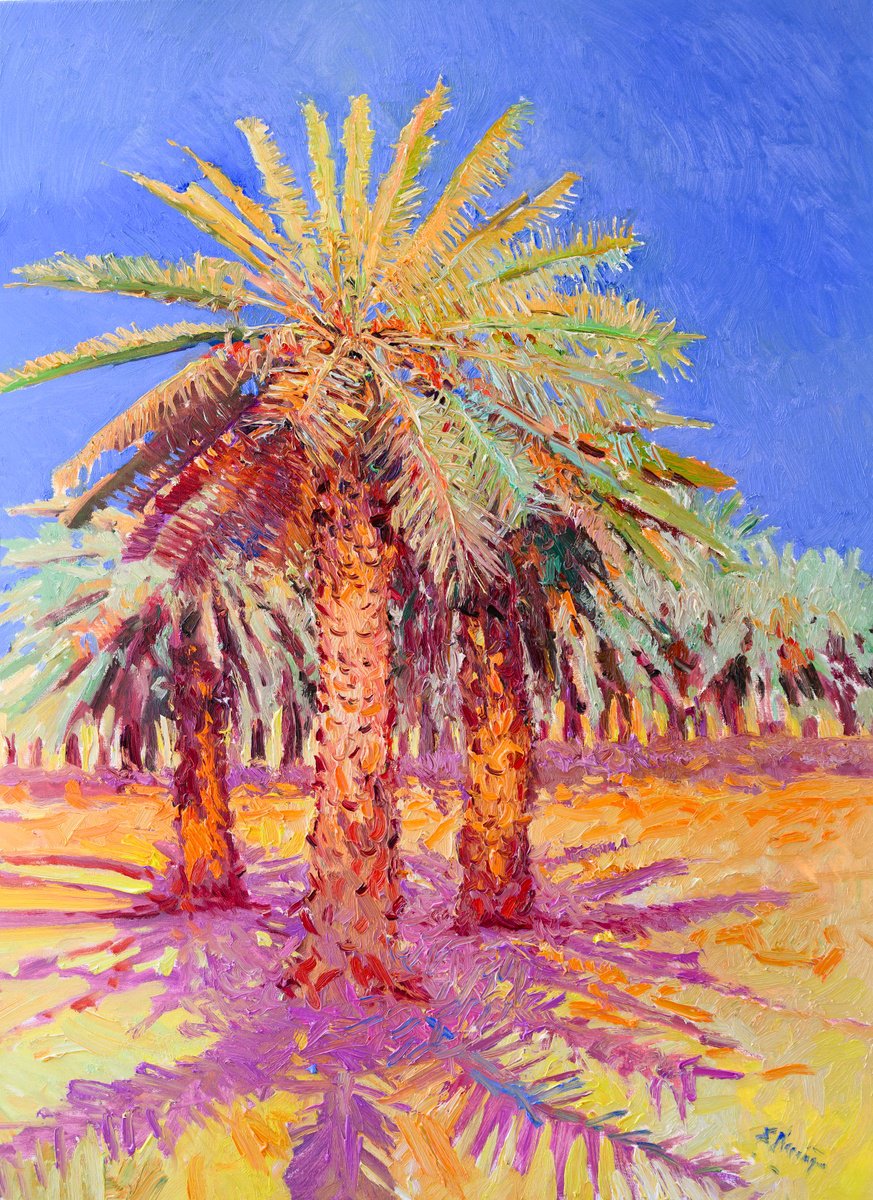 Expressive Botanical Oil Painting By Suren Nersisyan, 30 X 40", Date Palms In The Desert, Original Artwork