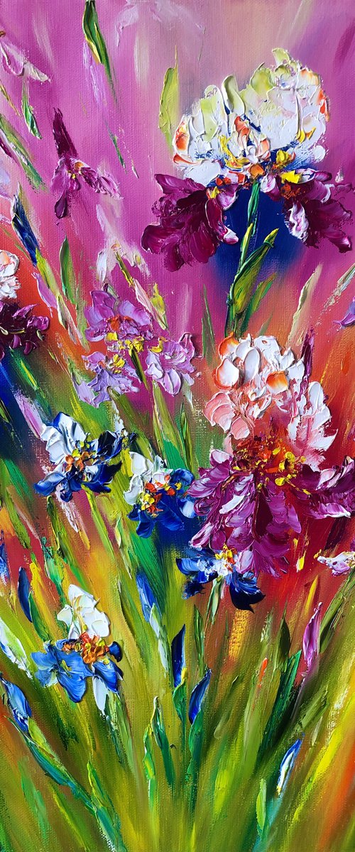 FIELDS OF BRIGHTNESS - Irises. Bright landscape. Rainbow flower. Juicy colors. Flower meadow. Summer warmth. Good mood. 3d. by Marina Skromova
