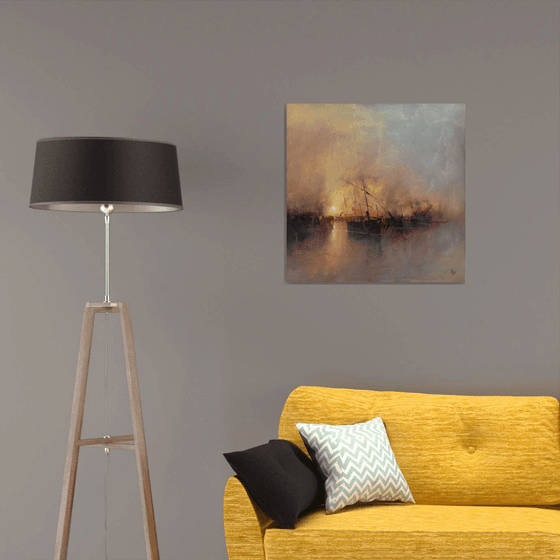 " Harbor of destroyed dreams - Hazy morning " W 70 x H 70 cm