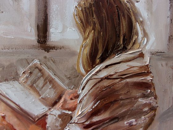 " EVENING WITH BOOK " original painting BOOK LOVER window coffee palette knife GIFT autumn