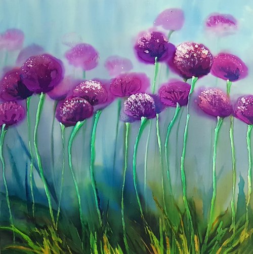 Painting on silk | Garlic flowers by Ruta Burbule
