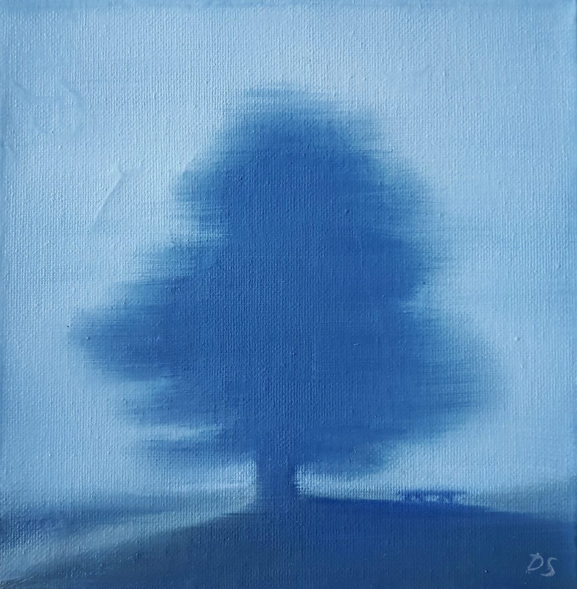 Expressive Landscape Oil Painting By Daria Startseva, 8 X 8, Ultramarine Tree In A Mist, Original Artwork