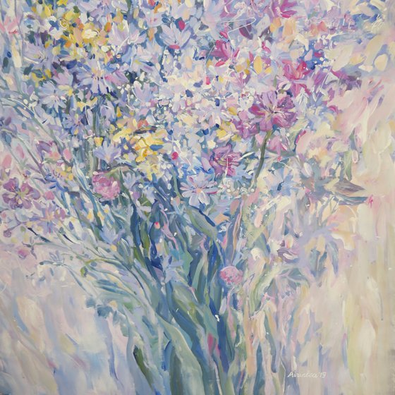 Large painting 100x160 cm unstretched canvas "Flowers after rain" i033 original artwork byAirinlea