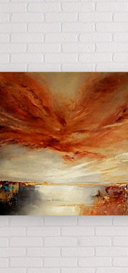 "Honey  Skies"  gold, blue, brown  abstract oil  painting  65cm x 54 cm by Olena Topliss