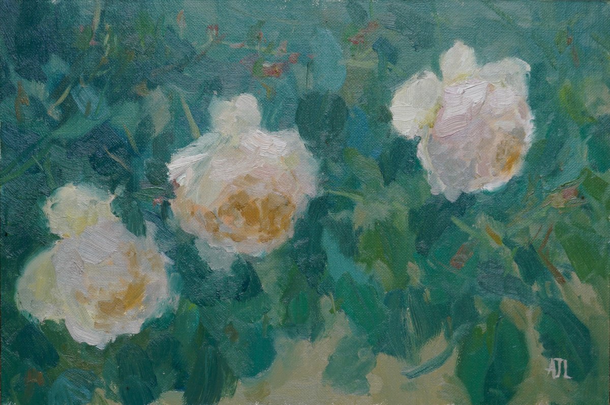 Impressionistic Botanical Oil Painting By Alex James Long, 12 X 8, Three Roses, Original Artwork