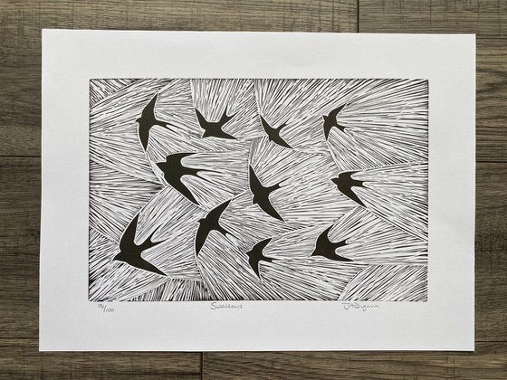 Linocut: Swallows 91/100