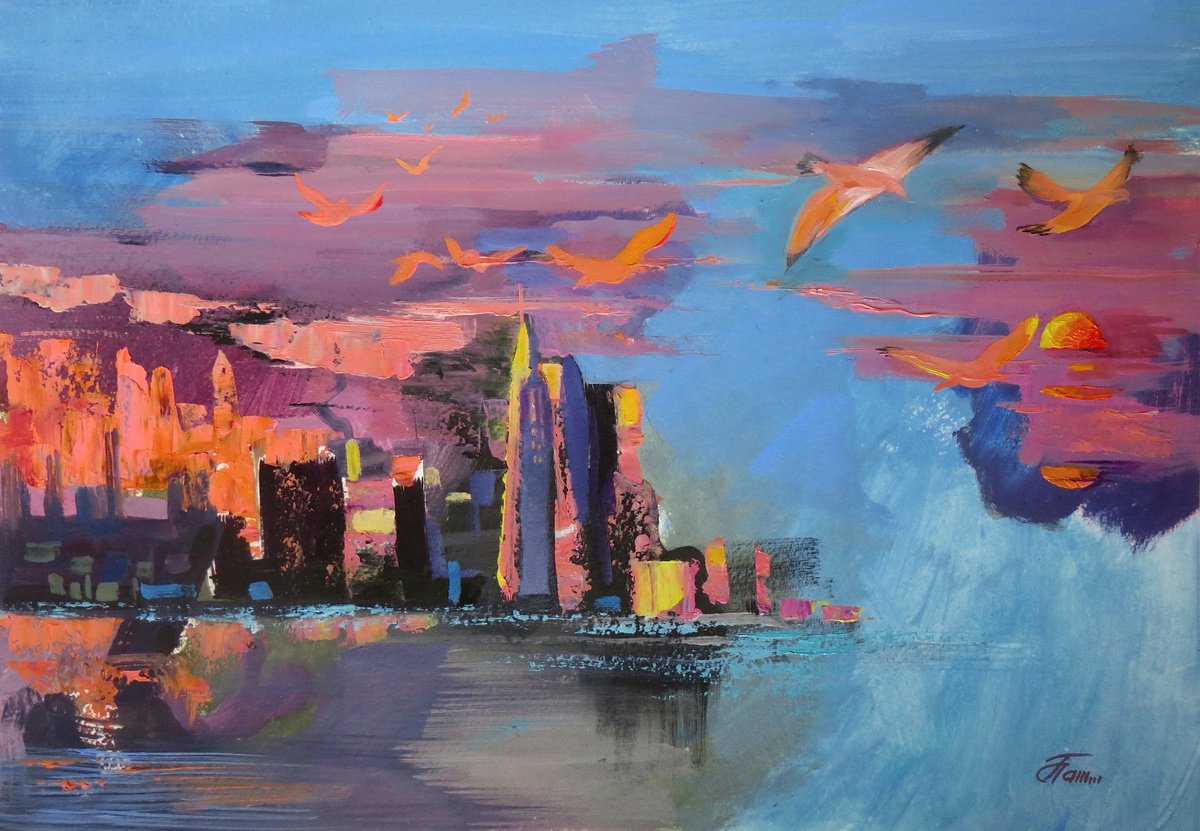 City over the precipice. Pandemic?, 41,5 ? 29,5, oil on paper by Olga Panina