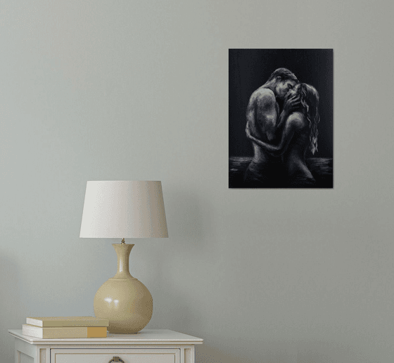 Man and Woman Kissing Couple in Love Black and Silver Minimalistic Art