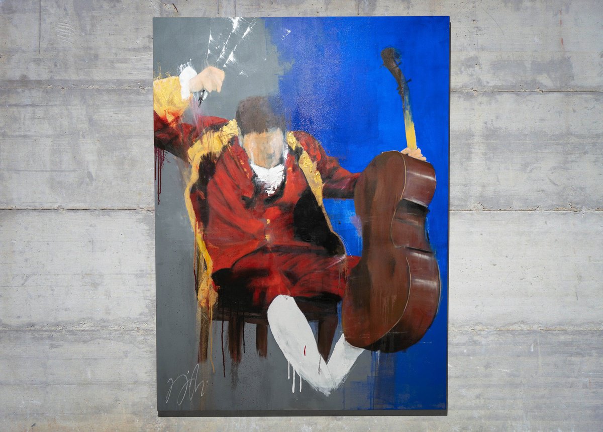 Abstract Portrait Oil Painting By Tomoya Nakano, 384 X 52", The Cellist, Original Artwork