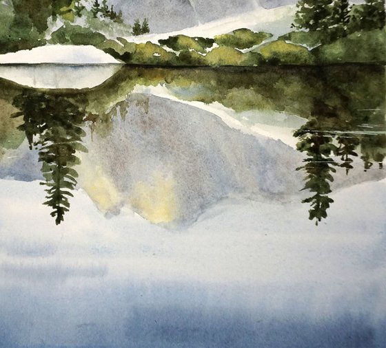 Morning Landscape ORIGINAL Watercolor Painting - Mountains, Forest, Lake, Nature