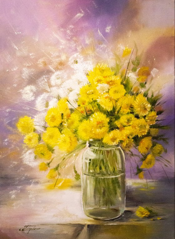 ''SUNNY DANDELIONS''.  Wild flowers. Original oil painting