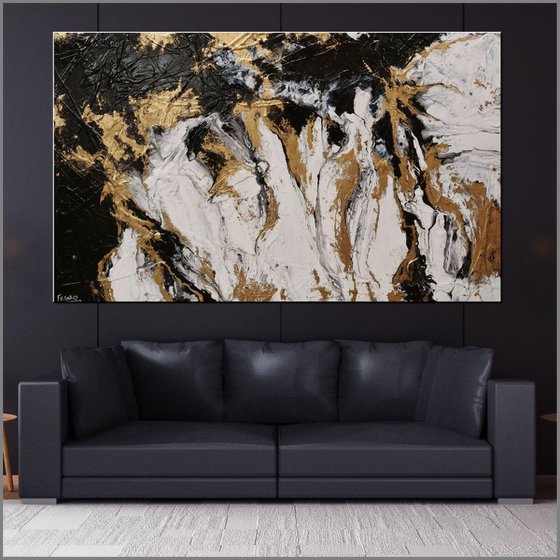 Marbled Bullion 200cm x 120cm White Gold Black Textured Abstract Art