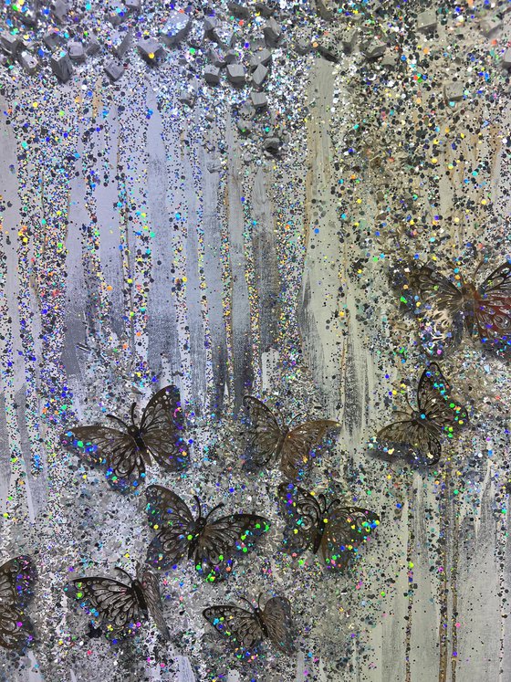 Butterflies oasis white gold glitter glass holographic abstract 3d painting with golden butterflies