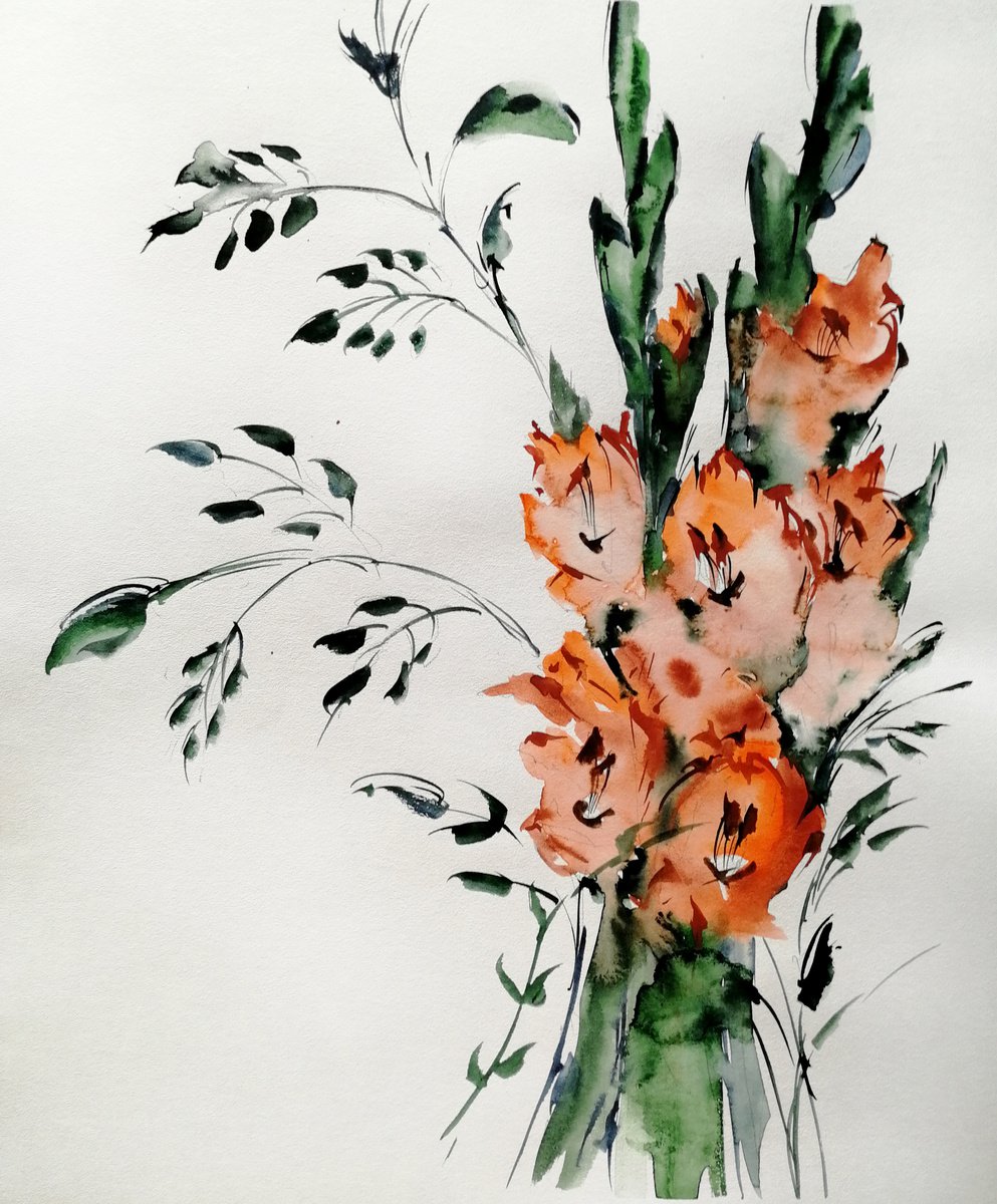 Gladiolus painting/ Red flowers art by Marina Zhukova