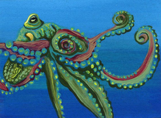 ACEO ATC Original Painting Octopus Marine Wildlife Art-Carla Smale