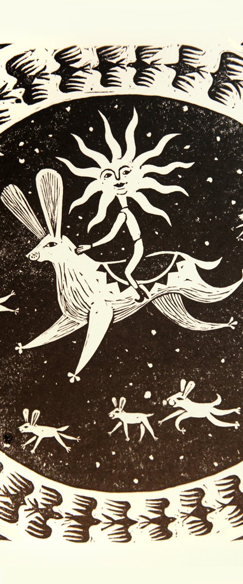 Hare and Sun, Celestial Linocut block Art Print by Anna Grincuka