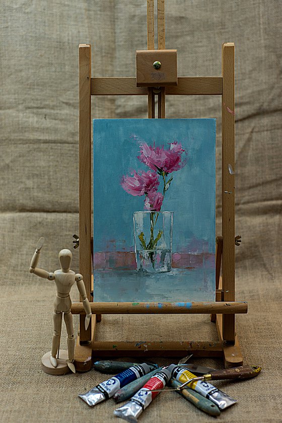Red flowers in glas. Still life painting with flowers