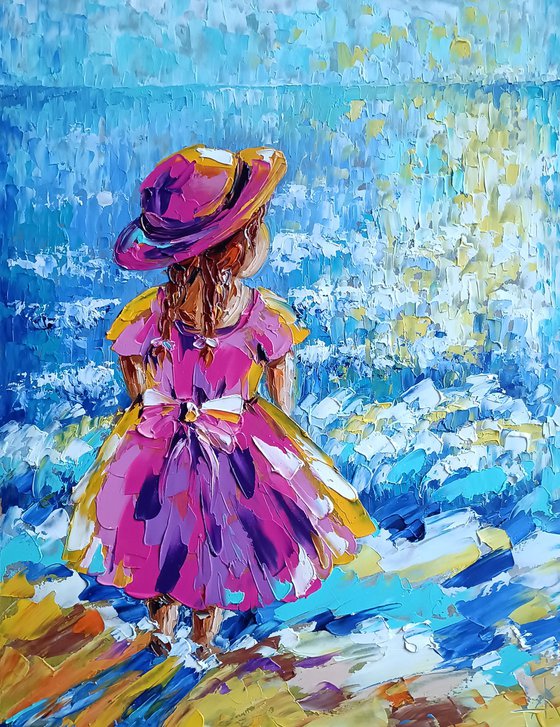 In children's fantasies - oil painting, love, child, sail, boat, sea, sea and beach, childhood, sea and sky, girl, seascape, children