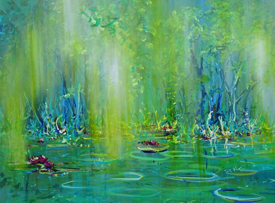 WATER LILY POND. Large Floral Painting, Modern Impressionism