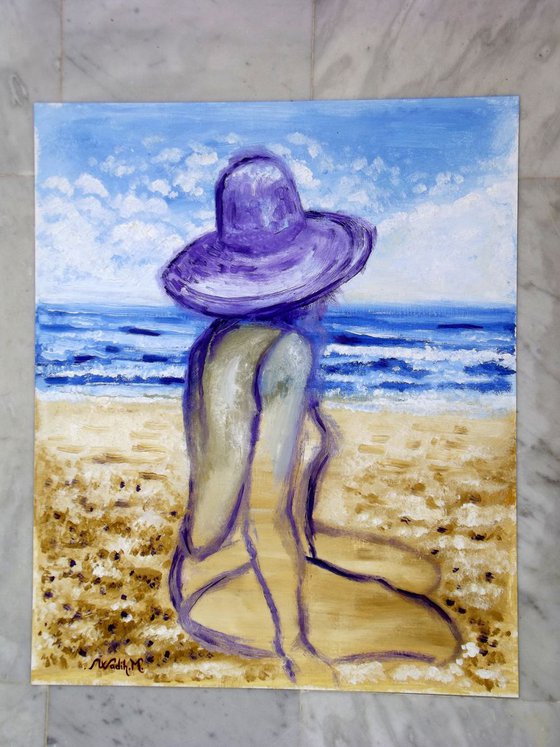 SEASIDE GIRL - GIRL WITH A HAT - Oil painting (38x46cm)