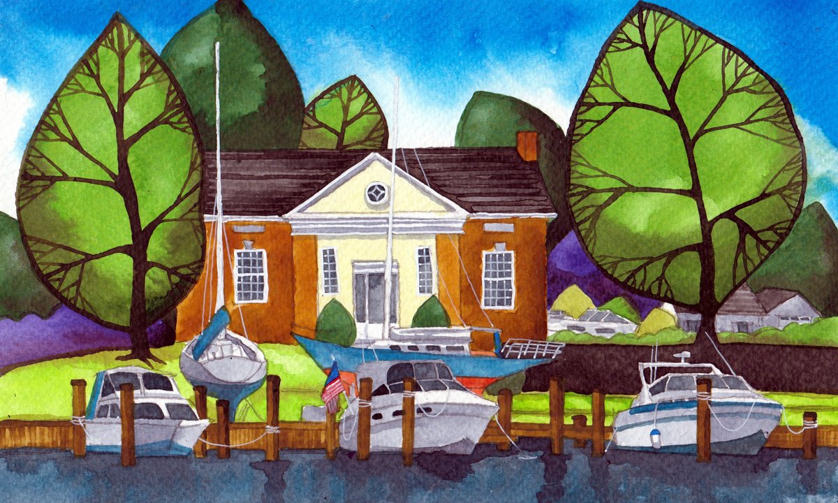 Illustrative Cityscapes Painting By Terri Smith, 9 X 6", Solomons Island, Original Artwork