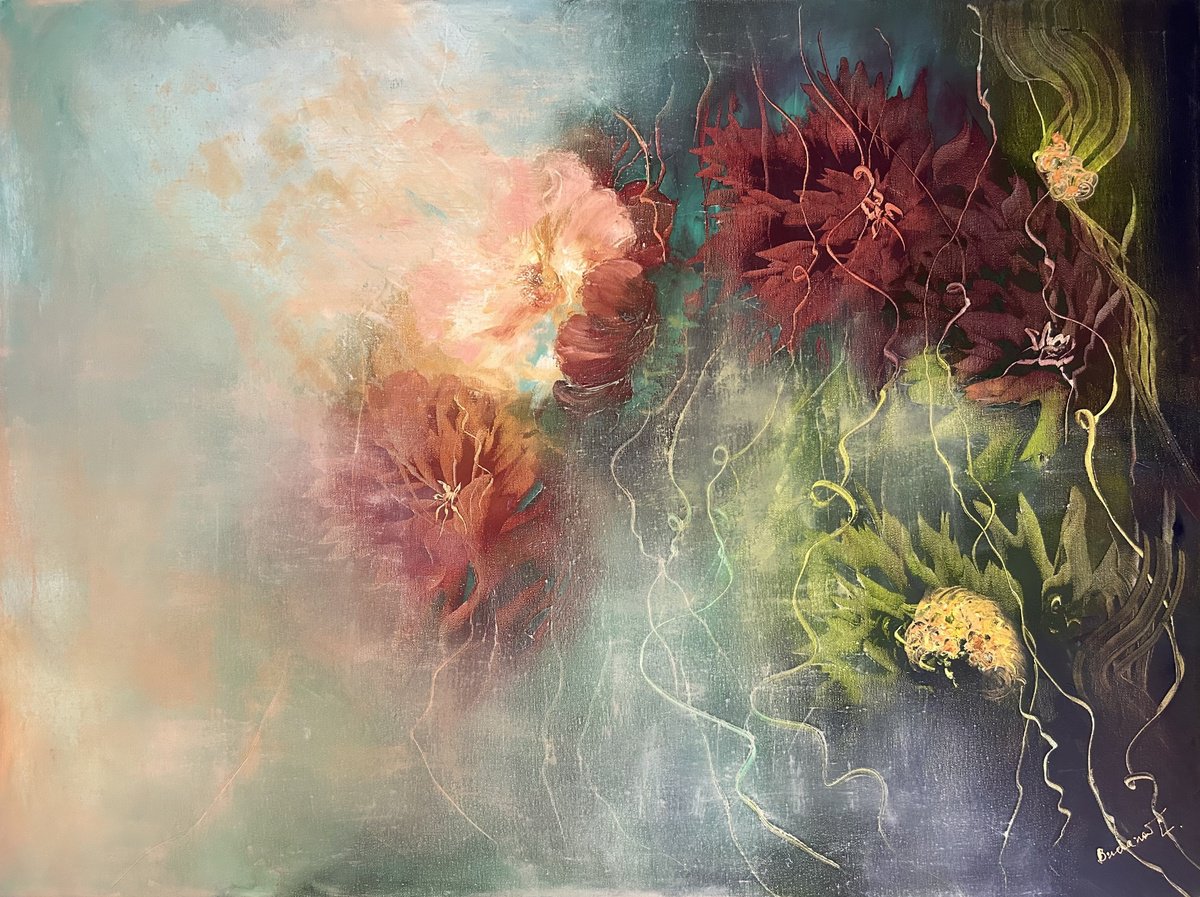 Expressive Botanical Oil Painting By Ludmila Budanov, 47 X 35", Night Fragrance Xiv, Original Artwork