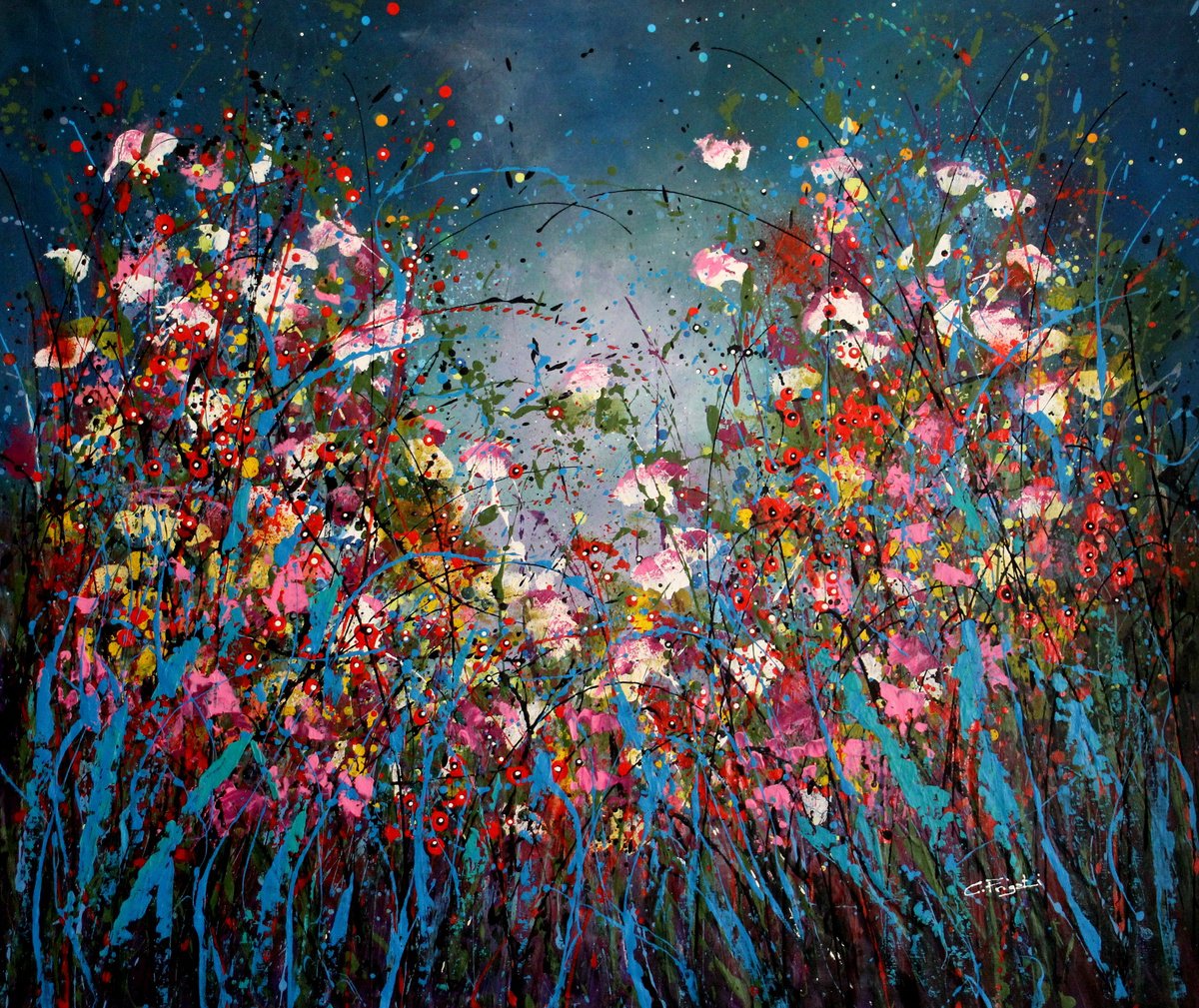 Expressive Botanical Acrylic Painting By Cecilia Frigati, 42 X 36, Night Life #1, Original Artwork