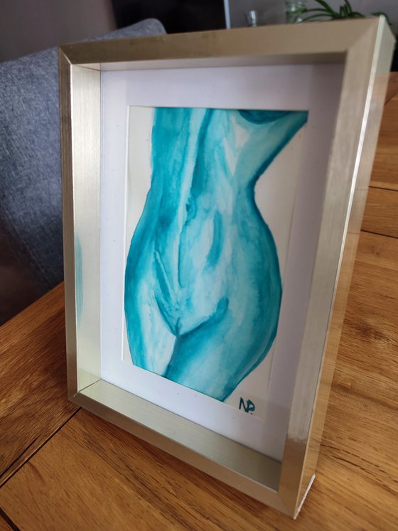 Nude, framed original watercolor ink girl painting, small gift, art for home