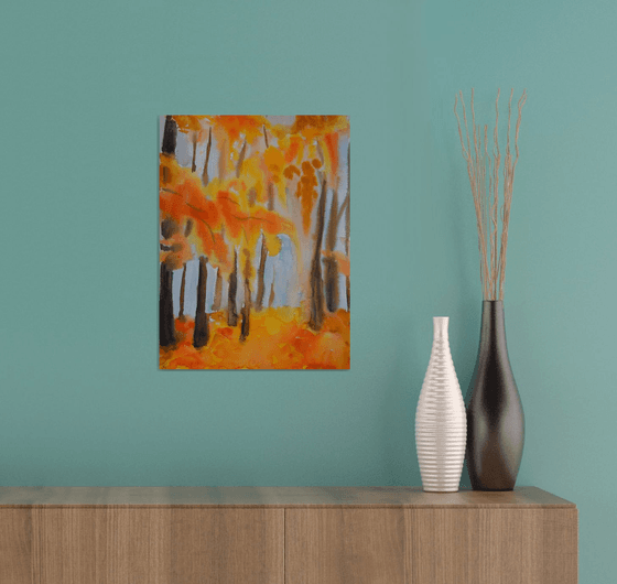 Watercolor painting Golden autumn forest