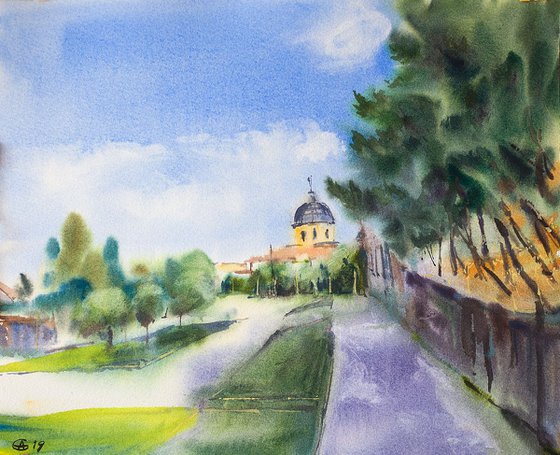 Salamanca, Spain. Original watercolor. One of a kind impression landscape urban USAL interior