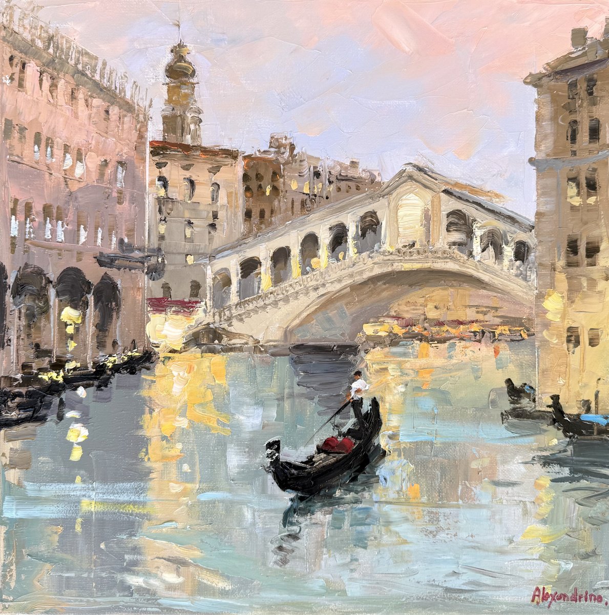 Impressionistic Landscape Oil Painting By Irina Alexandrina, 14 X 14, Venice. Rialto Bridge., Original Artwork