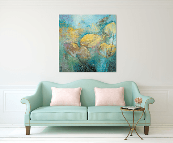 WATER LILIES | PAINTING ACRYLIC, CHARCOAL, CHALK, VARNISH ON CANVAS