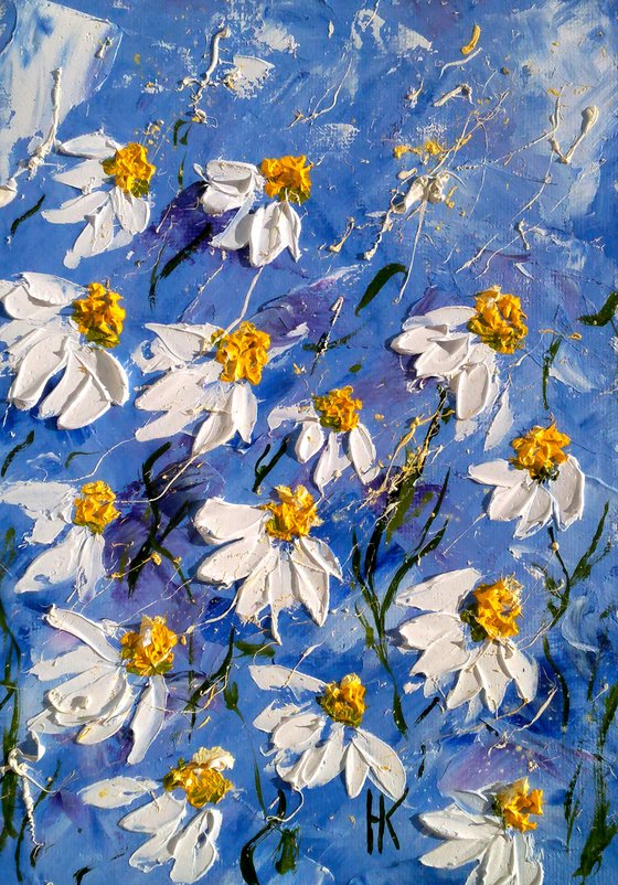 Daisy Painting Floral Original Art Flowers Oil Impasto Pallete Knife Painting Small Home Wall Art 6 by 8" by Halyna Kirichenko