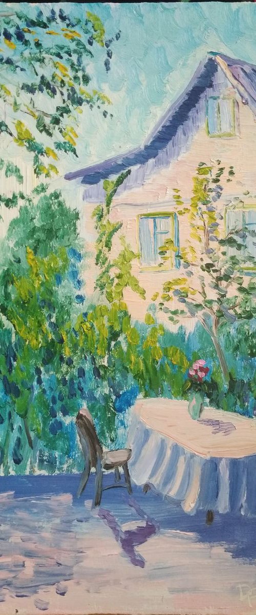 Table in the garden of the Country House Plein Air Painting by Dmitry Fedorov