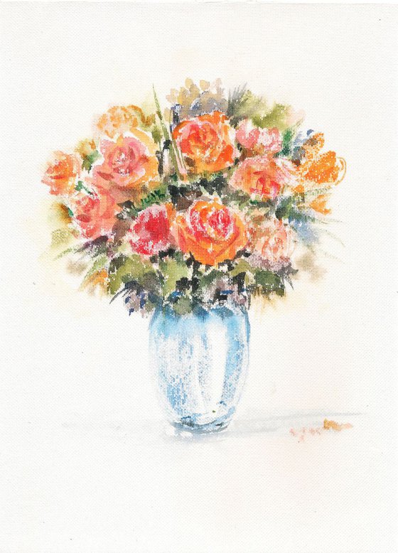 Spring Roses in a Vase - Watercolor painting on 8.25"x 11.25"