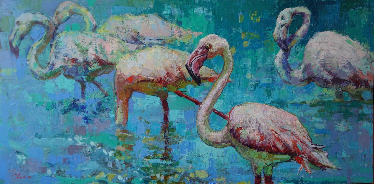 Impressionistic Animal Oil Painting By Luis Rincon, 47 X 24", Flamencos, Original Artwork