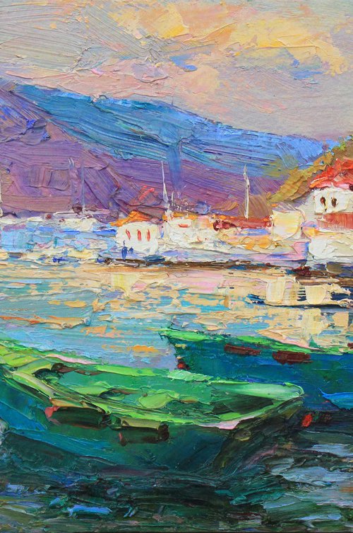 Evening in the bay with boats by Alisa Onipchenko-Cherniakovska