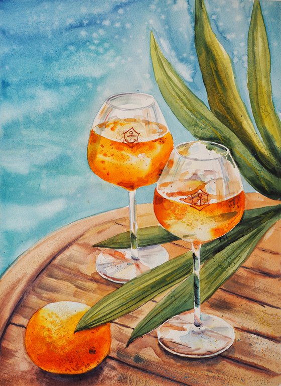 Time for two - original summer watercolor with aperol, orange and palm leaves on the wood table