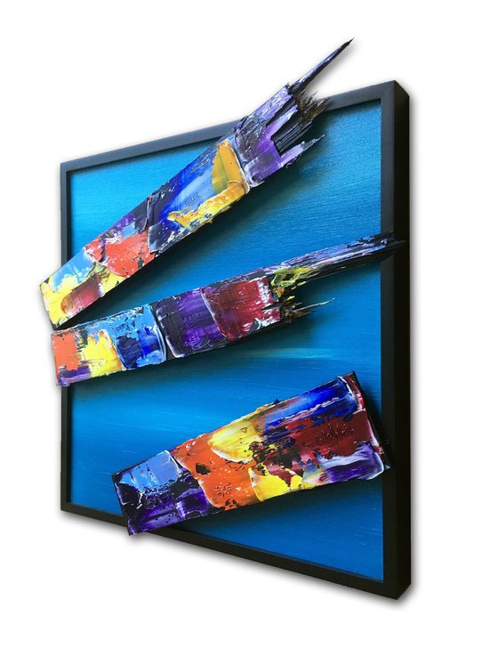 "Broke And Beautiful" - SPECIAL PRICE - Original Triptych PMS Mixed Media Sculptural Paintings On Canvas and Wood, Framed -  45 x 46 inches